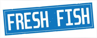 Tam mavi dikdörtgen damga üzerinde taze balık metin.