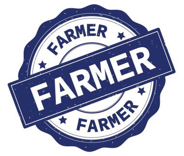 Çiftçi metin, mavi yuvarlak rozet yazılmış.