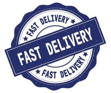 Mavi yuvarlak rozet yazılı hızlı teslimat metin.