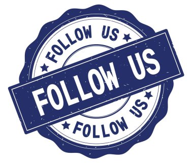 Mavi yuvarlak rozet yazılmış metni, bizi takip edin.