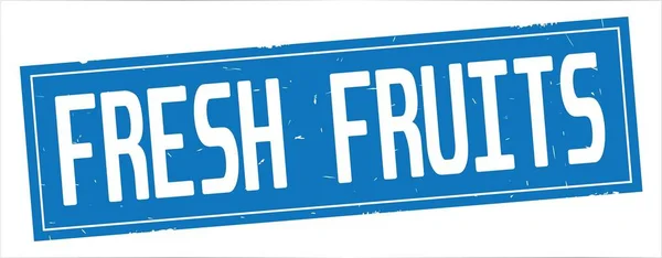 Färska frukter text, på full blå rektangel stämpel. — Stockfoto