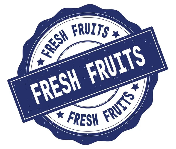 Färska frukter text, skriven på blå runda märke. — Stockfoto
