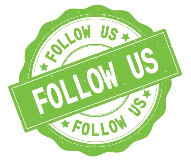 Yeşil yuvarlak rozet yazılmış metni, bizi takip edin.