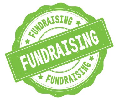 Bağış toplama metin, yeşil yuvarlak rozet yazılmış.