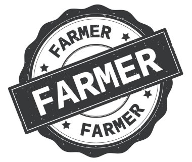 Çiftçi metin, gri yuvarlak rozet yazılmış.