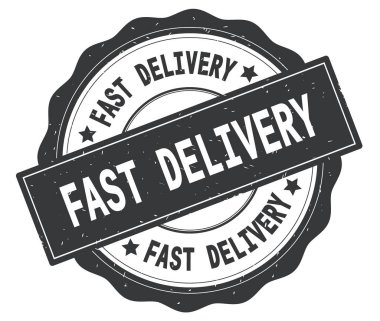 Gri yuvarlak rozet yazılı hızlı teslimat metin.