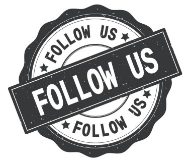 Gri yuvarlak rozet yazılmış metni, bizi takip edin.