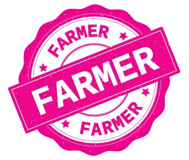 Çiftçi metin, pembe yuvarlak rozet yazılmış.