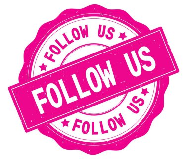 Pembe yuvarlak rozet yazılmış metni, bizi takip edin.