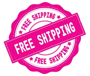 Ücretsiz metin kargo, pembe yuvarlak rozet yazılı.