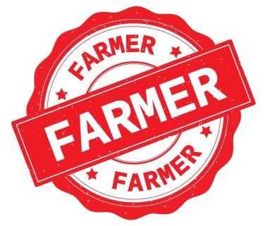 Çiftçi metin, kırmızı yuvarlak rozet yazılmış.