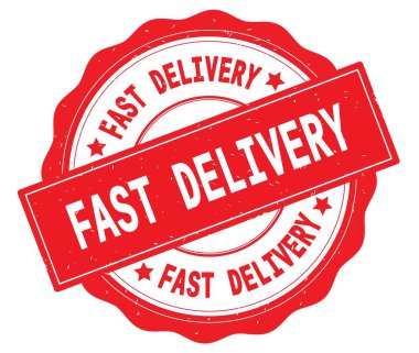 Kırmızı yuvarlak rozet yazılı hızlı teslimat metin.
