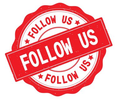 Kırmızı yuvarlak rozet yazılmış metni, bizi takip edin.
