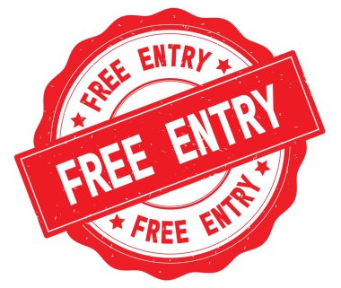 Kırmızı yuvarlak rozet yazılmış ücretsiz giriş metni.