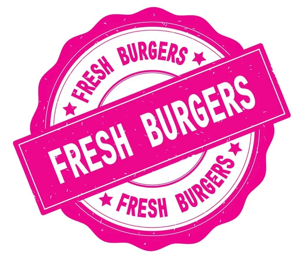 Pembe yuvarlak rozet yazılı taze hamburger metin. — Stok fotoğraf
