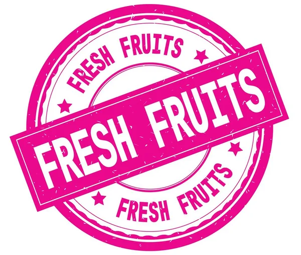 Färsk frukt, skriven text på rosa runda gummistämpel. — Stockfoto