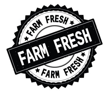 Çiftlik taze siyah metin damgası, zig zag kenarlıklı yuvarlak.