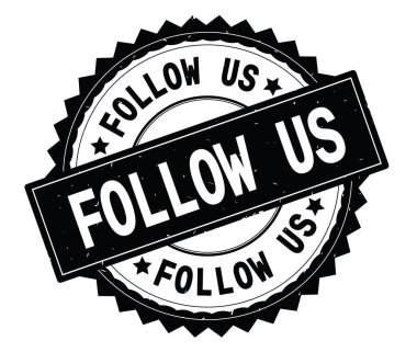 İzleyin bize siyah metin damgası, zig zag kenarlıklı yuvarlak.