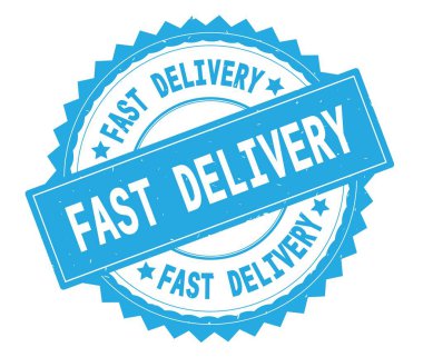 Hızlı teslimat mavi metin damgası, zig zag kenarlıklı yuvarlak.