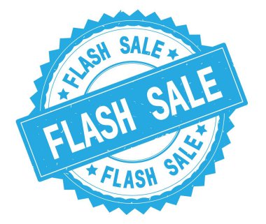 Flash Satılık mavi metni yuvarlak damga, zig zag kenarlıklı.