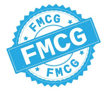 FMCG mavi metin damgası, zig zag kenarlıklı yuvarlak.