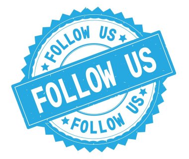 İzleyin bize mavi metin damgası, zig zag kenarlıklı yuvarlak.