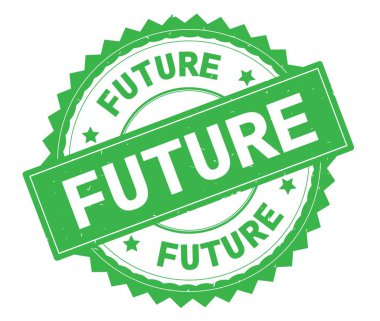 Gelecekteki yeşil metin damgası, zig zag kenarlıklı yuvarlak.