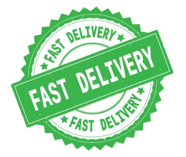 Hızlı teslimat yeşil metin damgası, zig zag kenarlıklı yuvarlak.