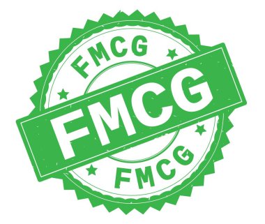 FMCG yeşil metin damgası, zig zag kenarlıklı yuvarlak.