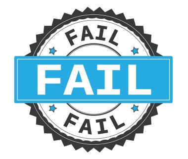 Gri ve mavi yuvarlak damga, zig zag kenarlıklı metin başarısız.