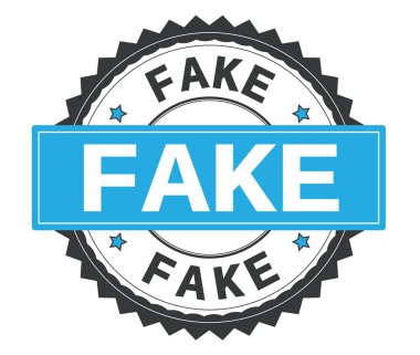 Sahte metin gri ve mavi yuvarlak damga, zig zag kenarlıklı.