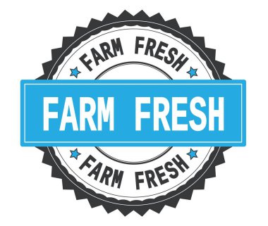 Çiftlik taze metin gri ve mavi yuvarlak damga, zig zag borde ile