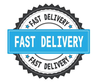 Hızlı teslimat metin gri ve mavi pul yuvarlak, bo ile zig zag