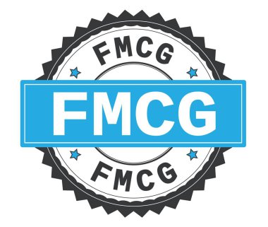 FMCG metin gri ve mavi yuvarlak damga, zig zag kenarlıklı.