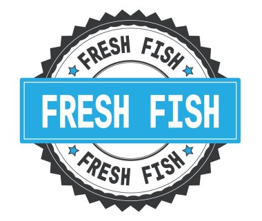 Taze balık metin gri ve mavi yuvarlak damga, zig zag borde ile