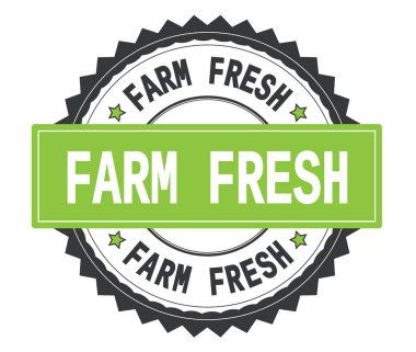 Çiftlik taze metin gri ve yeşil yuvarlak damga, zig zag bord ile