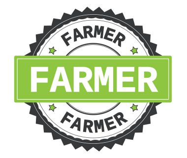 Gri ve yeşil yuvarlak damga, zig zag kenarlıklı metin çiftçi.