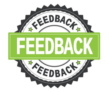 Zig zag kenarlıklı gri ve yeşil yuvarlak damgası geri bildirim metni