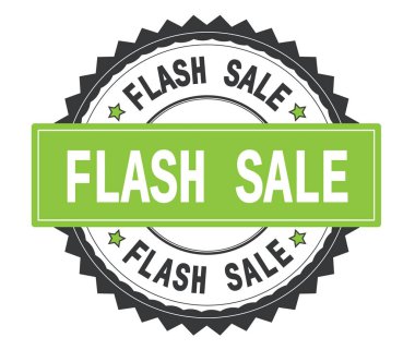 Zig zag bord ile gri ve yeşil yuvarlak damga üzerinde Satılık metin flash