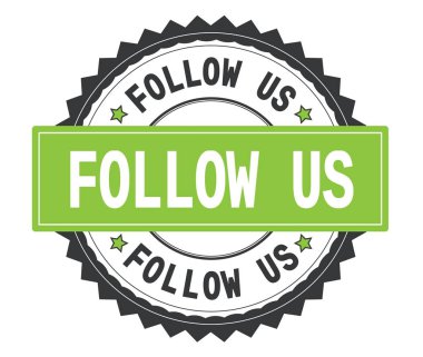 Bizi zig zag borde ile gri ve yeşil yuvarlak damga metni izleyin