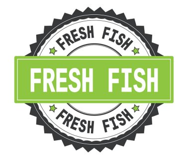 Taze balık metin gri ve yeşil yuvarlak damga, zig zag bord ile