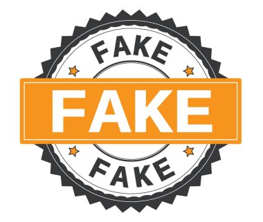 Gri ve turuncu yuvarlak damga, zig zag kenarlıklı metin sahte.