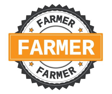 Çiftçi metin gri ve turuncu yuvarlak damga, zig zag kenarlıklı.