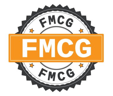 FMCG metin gri ve turuncu yuvarlak damga, zig zag kenarlıklı.