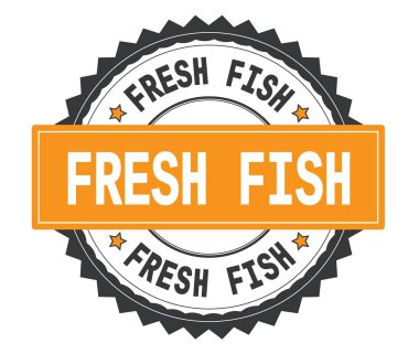 Taze balık metin gri ve turuncu yuvarlak damga, zig zag bor ile