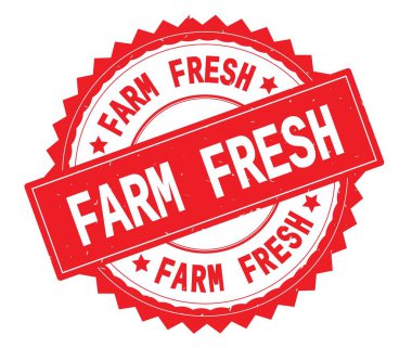 Çiftlik taze kırmızı metin damgası, zig zag kenarlıklı yuvarlak.