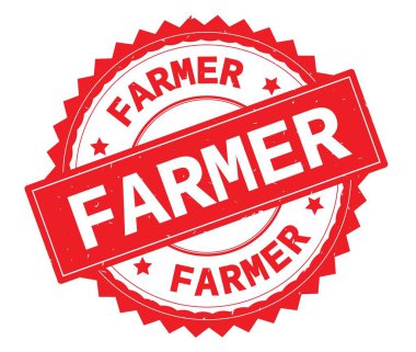 Çiftçi kırmızı metin damgası, zig zag kenarlıklı yuvarlak.