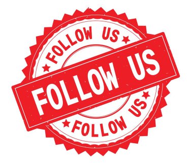 İzleyin bize kırmızı metin damgası, zig zag kenarlıklı yuvarlak.