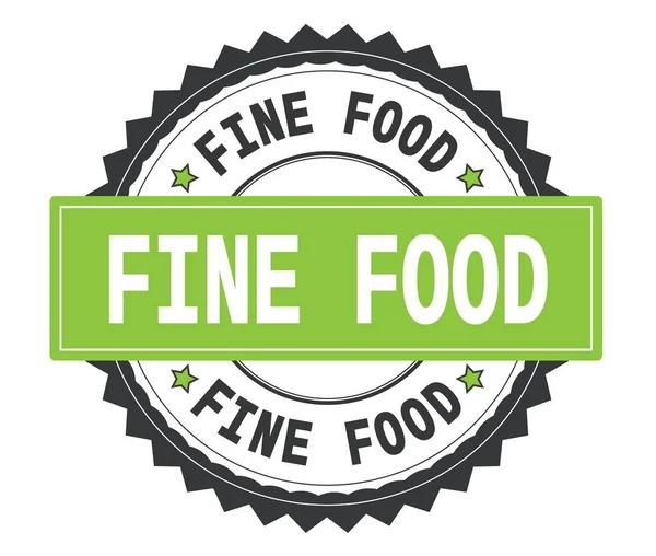 FINE FOOD texto sobre sello redondo gris y verde, con zig zag borde — Foto de Stock