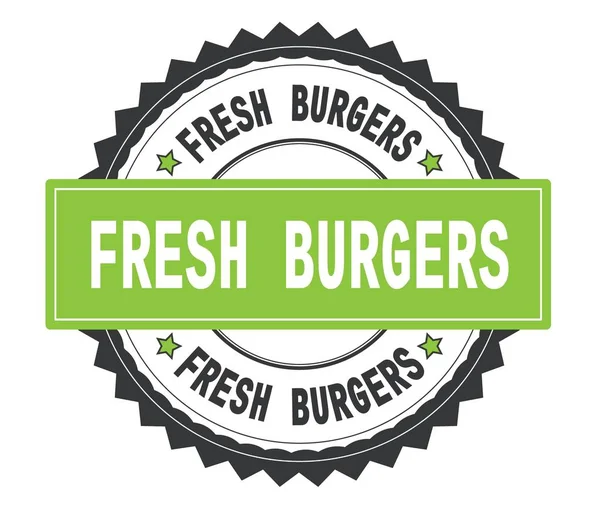 FRESH BURGERS text on grey and green round stamp, with zig zag b — Stock Photo, Image